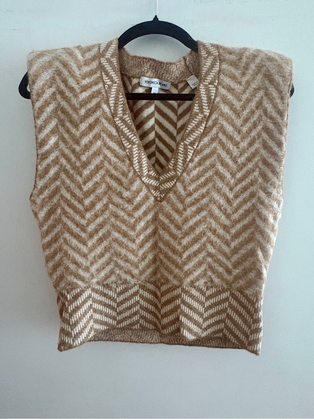 Veronica Beard Tan & Cream Chevron V-Neck Sweater Vest
